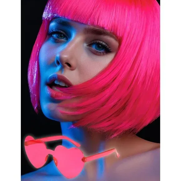 Women's Hot Pink 12 Inch Costume Cosplay Party Short Bob Wigs And Sunglass - Picture 2 of 6